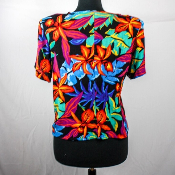 Sugarlips Tropical Short Puff-Sleeve Blouse Womens M Split-Neck 100% Cotton - Picture 9 of 9